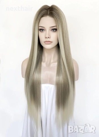 Смесена тъмно руса с пепеляво руса права перука - 80 см, синтетична, с дантела 13×4×1