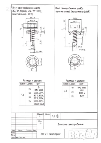Цветни винтове самопробивни с шайба и уплътнение за монтаж на ламарина, снимка 7 - Железария - 49644839