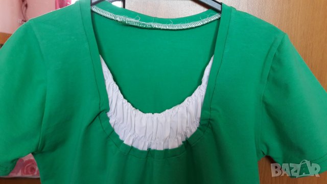 Дамска памучна зелена блуза къс ръкав с бяло деколте, снимка 2 - Тениски - 28896056