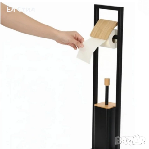 Стойка 2в1 Cheffinger за баня с тоалетна четка и държач за тоалетна хартия – метал и дърво, снимка 3 - Други стоки за дома - 53573377