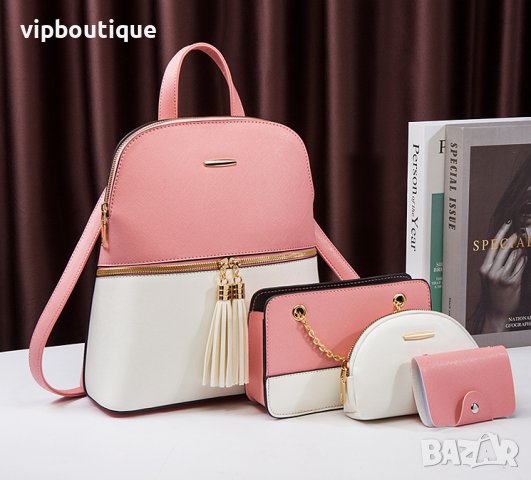 Дамска Розово Бяла Кожена Раница Комплект, снимка 6 - Раници - 43064153