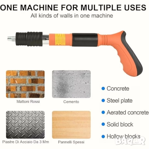 Нов пистолет за забиване на пирони със заряд, За дърво, метал, бетон, Пълен комплект + 50 пирона, снимка 3 - Други инструменти - 52189803