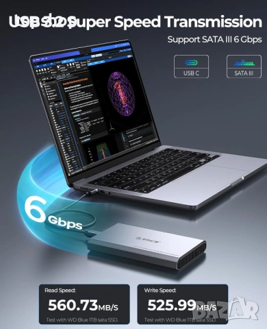 Алуминиева кутия за 2.5" SSD/HDD диск ORICO – USB-C 3.2, 6Gbps, снимка 7 - Кабели и адаптери - 53252260