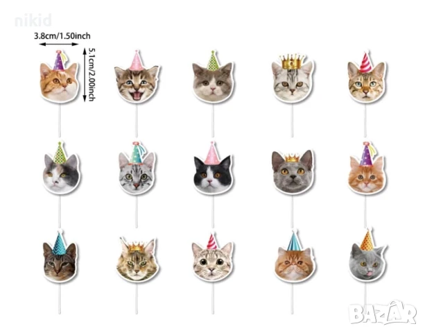 15 бр глава коте котка котки шапка корона топер торта топери клечки за мъфини кексчета парти украса, снимка 10 - Други - 31273494