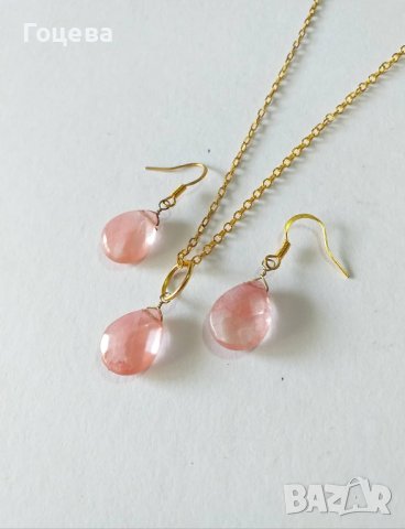 Прелестни обици с красиви камъни Черешов Турмалинов кварц капка, снимка 6 - Обеци - 40714106