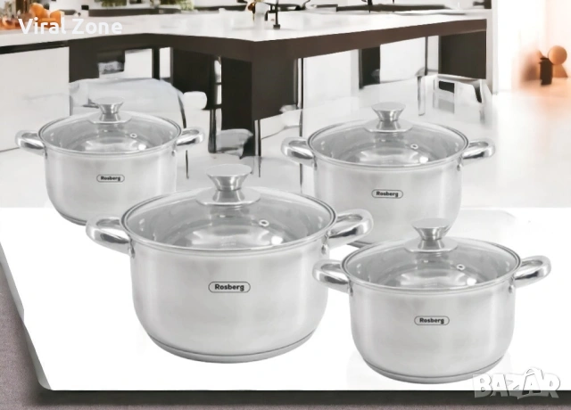 Комплект тенджери Rosberg 16/18/20/24см. - 1.8/2.5/3.4/5.8л., Неръжд. стомана, снимка 2 - Съдове за готвене - 53265285