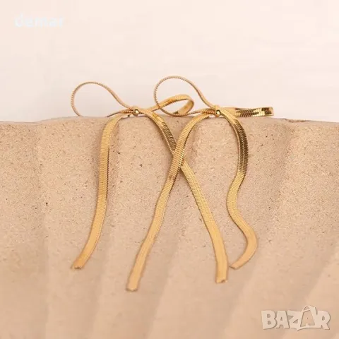 Обеци Siribelle със златна панделка - модни елегантни дълги обеци за чувствителни уши, снимка 4 - Обеци - 49931887