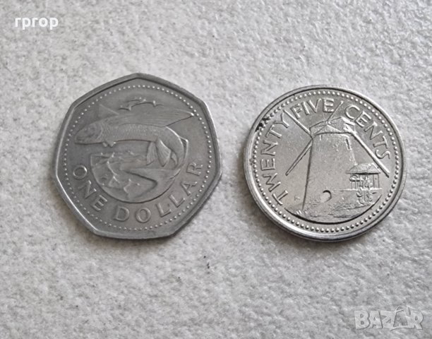 Монети. Карибски басеин. Барбадос. 1 долар  и 0.25 цента. 2 бр.