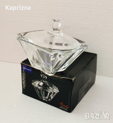 Релефна стъклена бонбониера с капак, снимка 2 - Прибори за хранене, готвене и сервиране - 29067457