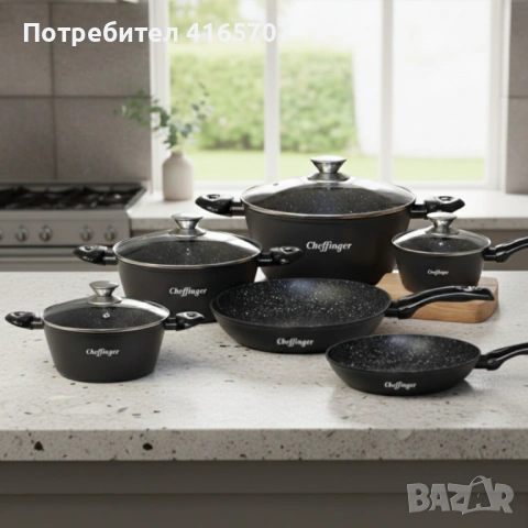 Комплект съдове за готвене Cheffinger от 10 части – тенджери и тигани с мраморно покритие за всички , снимка 4 - Съдове за готвене - 53190802