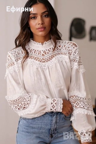 Бяла блуза, Елегантна риза, Блуза дантела, снимка 2 - Блузи с дълъг ръкав и пуловери - 51571411