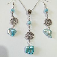Красив комплект бижута със сини речни перли и камъни Хризоберил с орнаменти в цвят Сребро , снимка 4 - Бижутерийни комплекти - 37427131