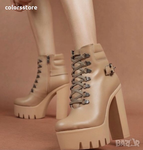 Боти на ток - бежова кожа с бежово ходило - BT14, снимка 1