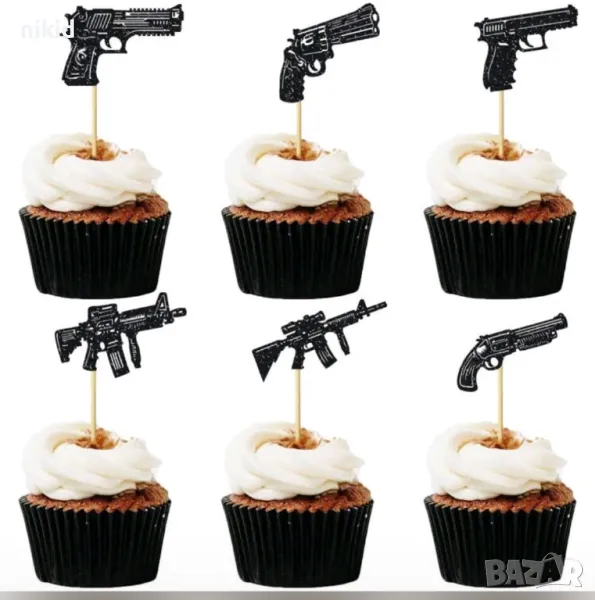 12 бр оръжие постолет автомат пушка черен картон топери декор за мъфини кексчета, снимка 1