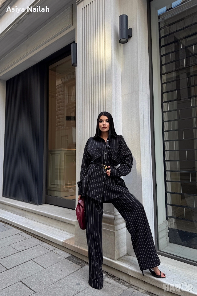 Дамски комплект с райе – риза и широк панталон, снимка 1