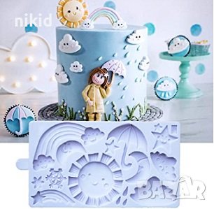 Време Прогноза небе Слънце дъга чадър облак звезда луна снежинка силиконов молд форма фондан , снимка 1