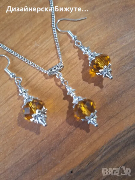 Прекрасен комплект бижута обеци и колие с кафяви Топаз кристали и разкошни орнаменти цвят сребро , снимка 1