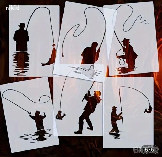 6 вида рибар риболов стенсил шаблон спрей торта украса сладки Scrapbooking, снимка 1