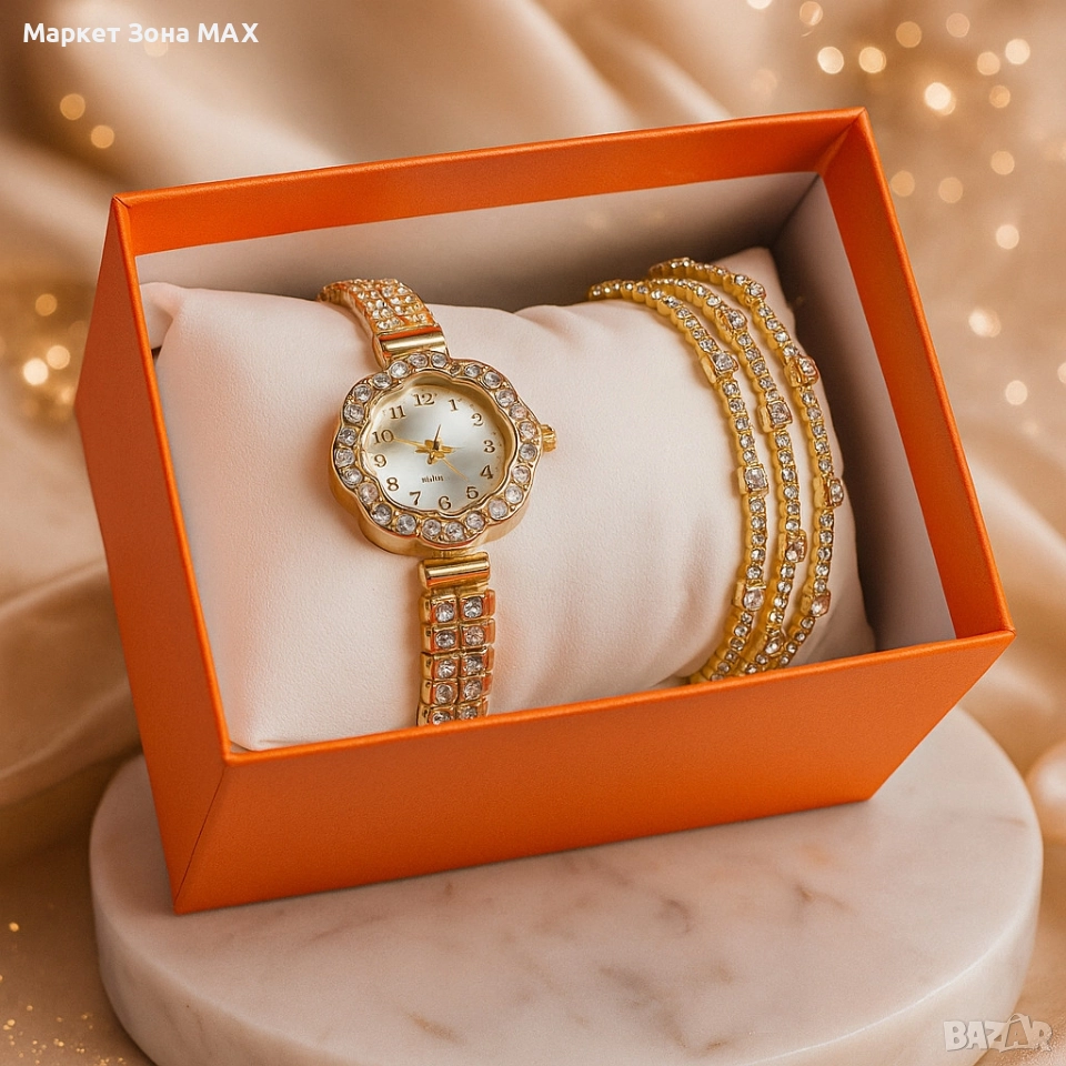 Елегантен дамски комплект – кварцов часовник с гривни в подаръчна кутия, снимка 1