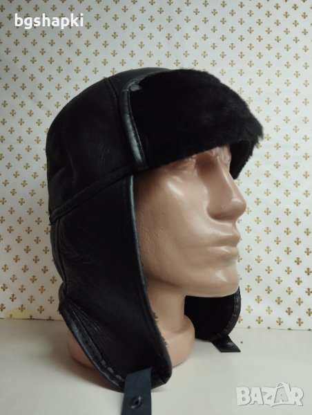 Телешка кожена ушанка, мъжка черна шапка мтш - 76, снимка 1