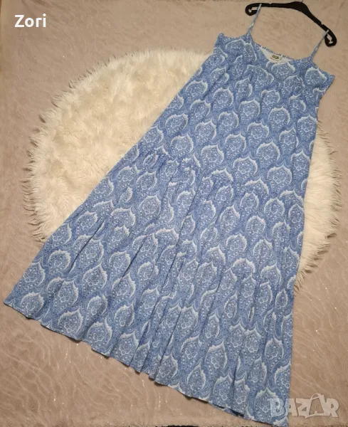 НЕВЕРОЯТНО КРАСИВА дълга рокля на волани с тънки презрамки в сини шарки, снимка 1