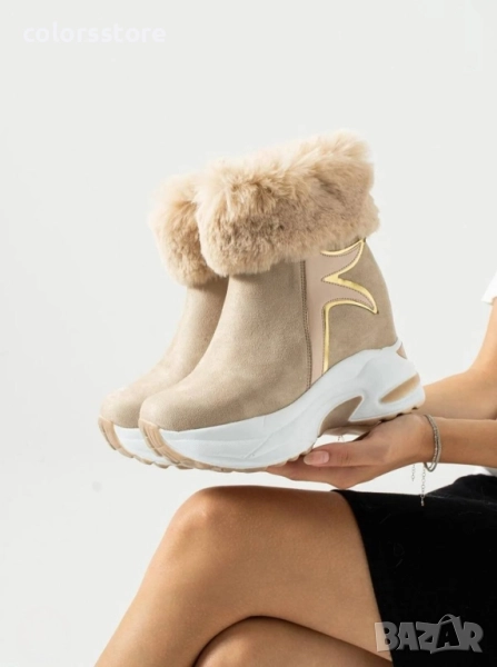 Боти на платформа - бежов велур с пух - BH2025 , снимка 1