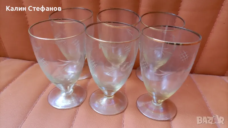 Ретро ракиени чаши, златен кант, ръчна гравюра, столче – 6 бр комплект, снимка 1