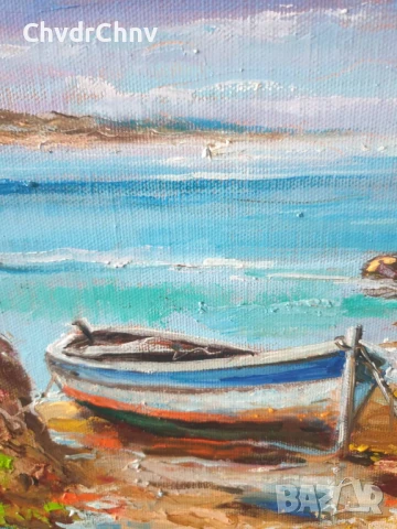 Димитър Генев 33x27см/малка българска картина масло върху платно/морски пейзаж/рибарски лодки, снимка 4 - Картини - 51153040