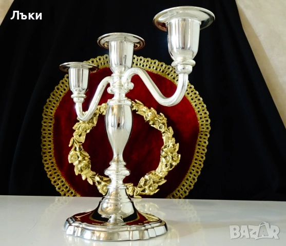 Посребрен троен свещник,викториански свещник тройка. , снимка 3 - Антикварни и старинни предмети - 52978491