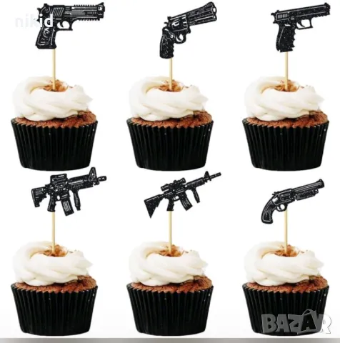12 бр оръжие постолет автомат пушка черен картон топери декор за мъфини кексчета