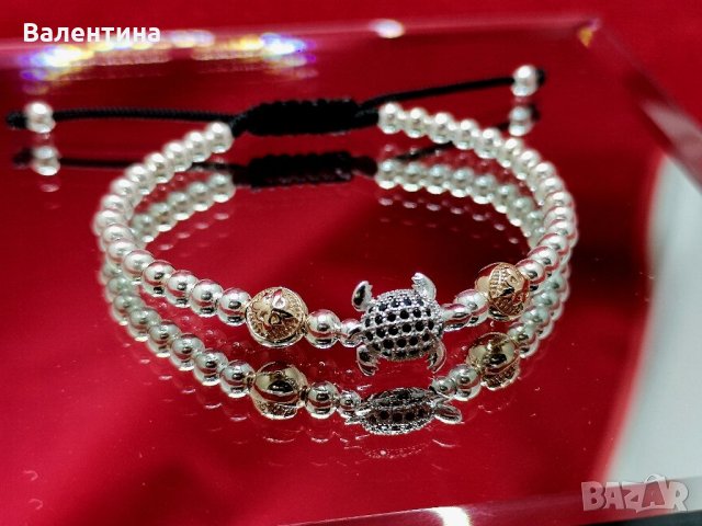Луксозна сребърна гривна с костенурка и мъниста розово злато, снимка 2 - Гривни - 32215930