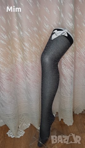 Черни чорапи със сребриста нишка с пандела , снимка 1 - Бельо - 35627580