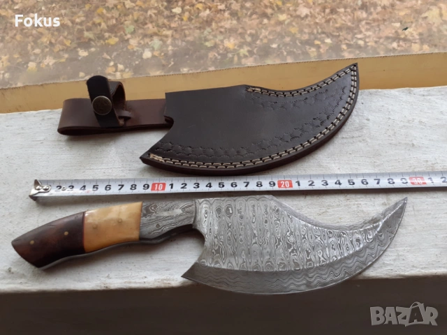 Страхотен нож брадва сатър дамаска стомана нов кожена кания, снимка 5 - Антикварни и старинни предмети - 53410118