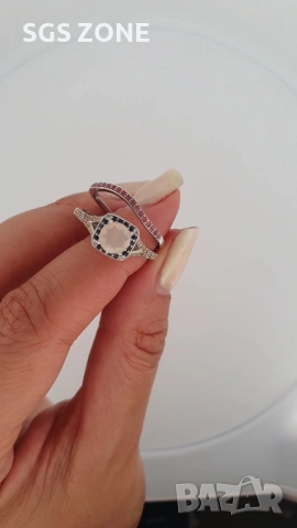 Двойни сребърни пръстени с опал и разпръснати сапфири, снимка 6 - Колиета, медальони, синджири - 52401232