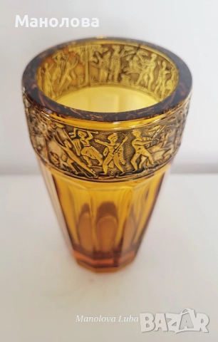 Антикварна ваза от кехлибарено стъкло със златен фриз от August Walther & Sons AG в стил Art Deco, снимка 5 - Други ценни предмети - 52285464