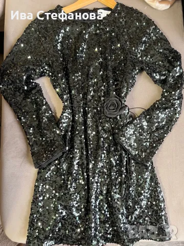 блестяща нова  къса парти коктейлна официална тъмно маслено зелена еластична рокля пайети, снимка 7 - Рокли - 48144445
