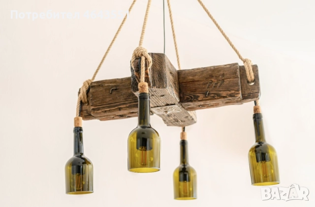 Абажур от дървени греди и бутилки от вино, снимка 5 - Полилеи - 52318724