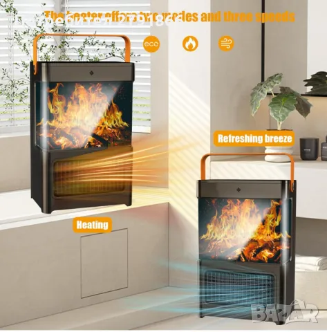 Анимирана камина 3D "танцуващ пламък" с енергиен Клас А керамичен тих нагревател с вентилатор 2200 W, снимка 10 - Камини - 47670118