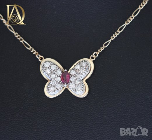 Ново Златно Колие "Пеперуда" с Естествен Рубин и Естествени Диаманти, снимка 4 - Колиета, медальони, синджири - 44105608