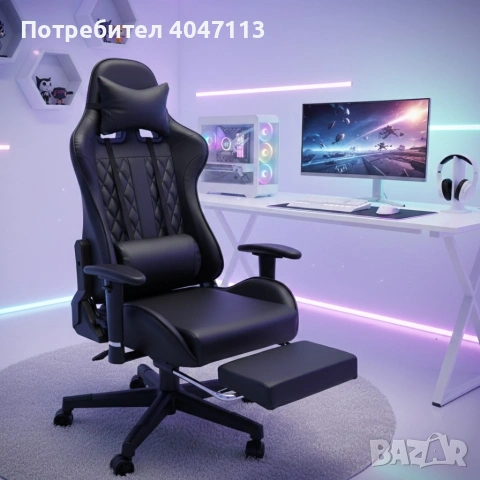 Геймърски стол с прибираща се подложка за крака и функция за масаж - черен, снимка 2 - Други стоки за дома - 53270251
