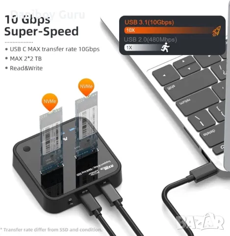 Дубликатор MAIWO K3016S 2 Bay m.2 SATA докинг станция, кутия за външен SSD M2 b key , m key, снимка 4 - Други - 49930777