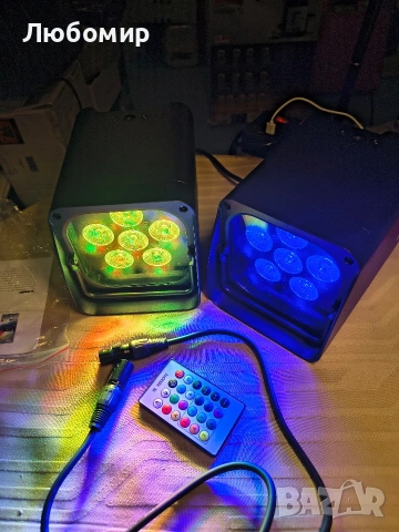 2 бр. захранвани от батерии прожектори, презареждащи се, Par Can 6x18W RGBWA+UV LED , снимка 12 - Аудиосистеми - 53109291