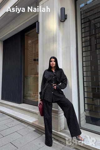 Дамски комплект с райе – риза и широк панталон