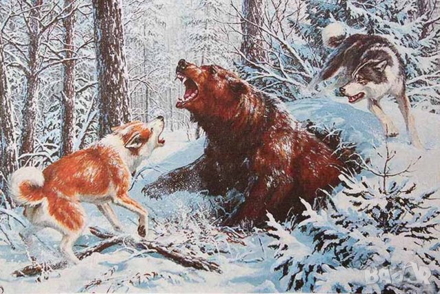 Зимен пейзаж с мечка и кучета, картина
