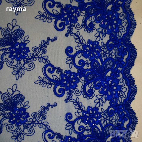 Плат дантела Armani с камъни и перлички цвят турско синьо синьо, снимка 4 - Рокли - 27660545
