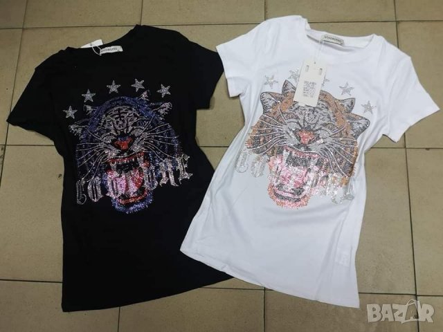 Тениска с тигър от камъни в черен и бял цвят , снимка 7 - Тениски - 33191697