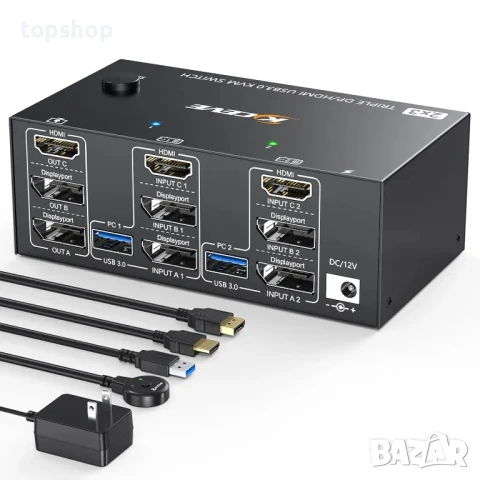 НОВ ТЕСТВАН KVM превключвател за 2 компютъра към 3 монитора + KCEVE USB 3.0. HDMI + DisplayPort 8K.., снимка 5 - Кабели и адаптери - 50494935