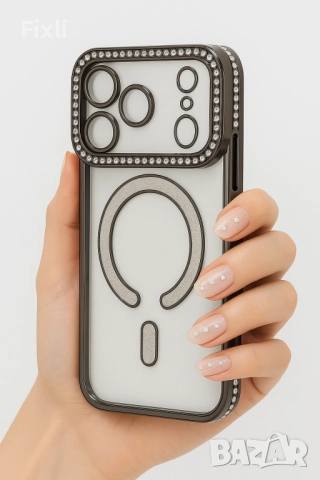 MagSafe калъф с кристали за iPhone 17 Pro Max – луксозен черен, снимка 4 - Калъфи, кейсове - 52127619