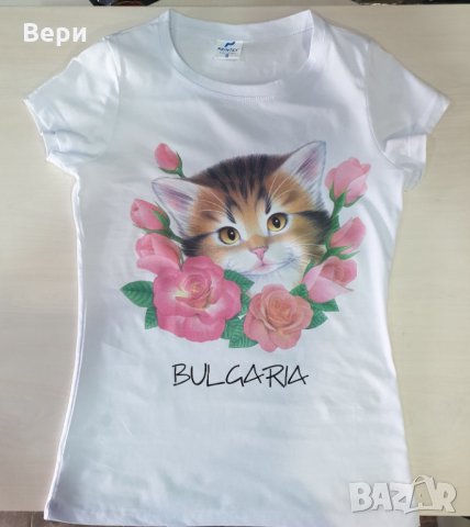 Нова дамска тениска с трансферен печат Коте, Рози, снимка 3 - Тениски - 28773191