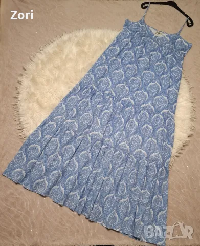 НЕВЕРОЯТНО КРАСИВА дълга рокля на волани с тънки презрамки в сини шарки, снимка 1